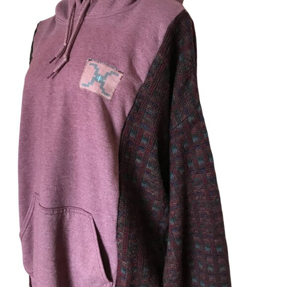 Upcycled Patchwork Hoodie, Sweater Sleeves, XL: Mauve Sweatshirt Jacket, Tribal - Picture 6 of 12